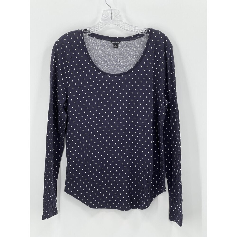 Ann Taylor Shirt Womens Medium Polka Dot Long Sleeve Navy White